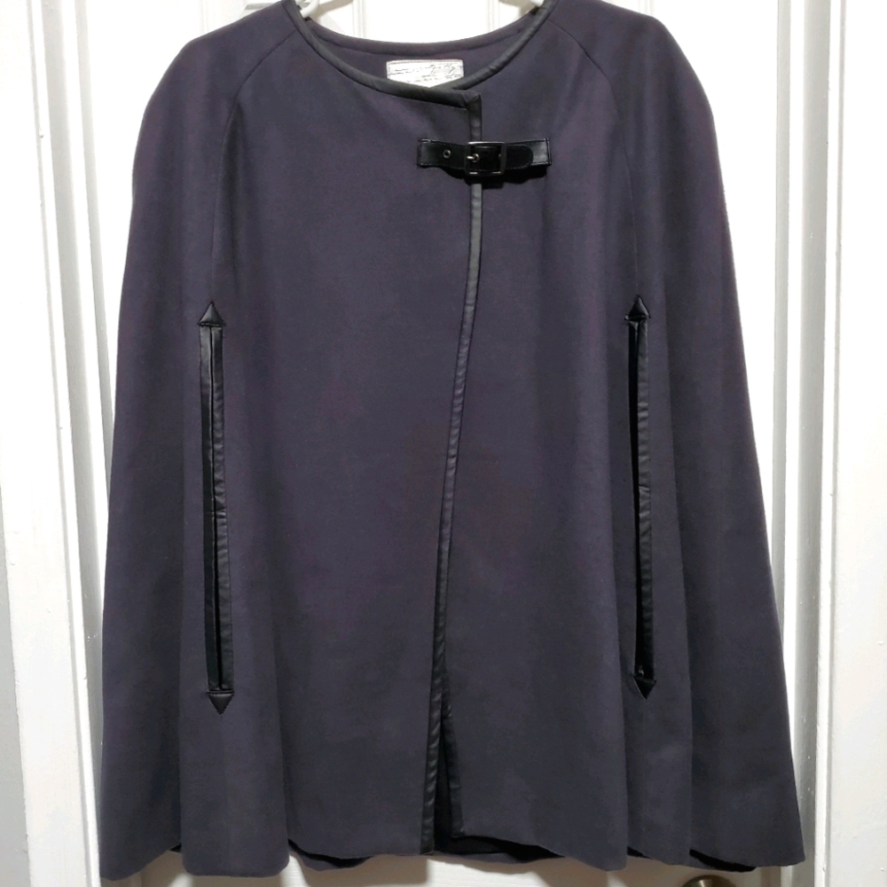 Kensie Wool Cape in Navy with Black Accents